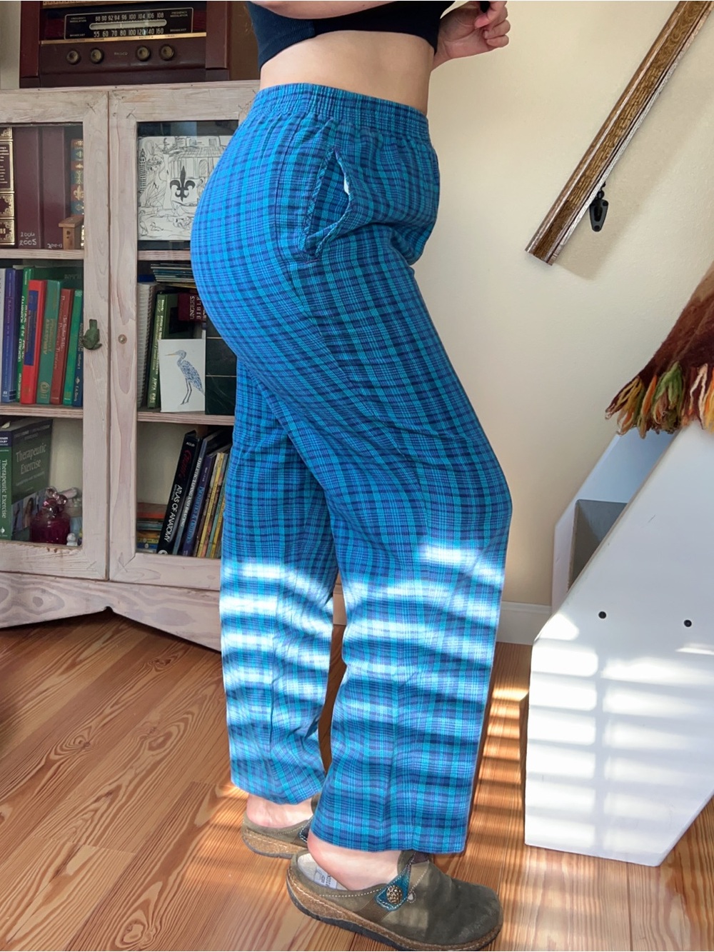 Vintage 90s Blue Plaid Cotton Pants Elastic Waist Artsy Indie Grunge Trousers